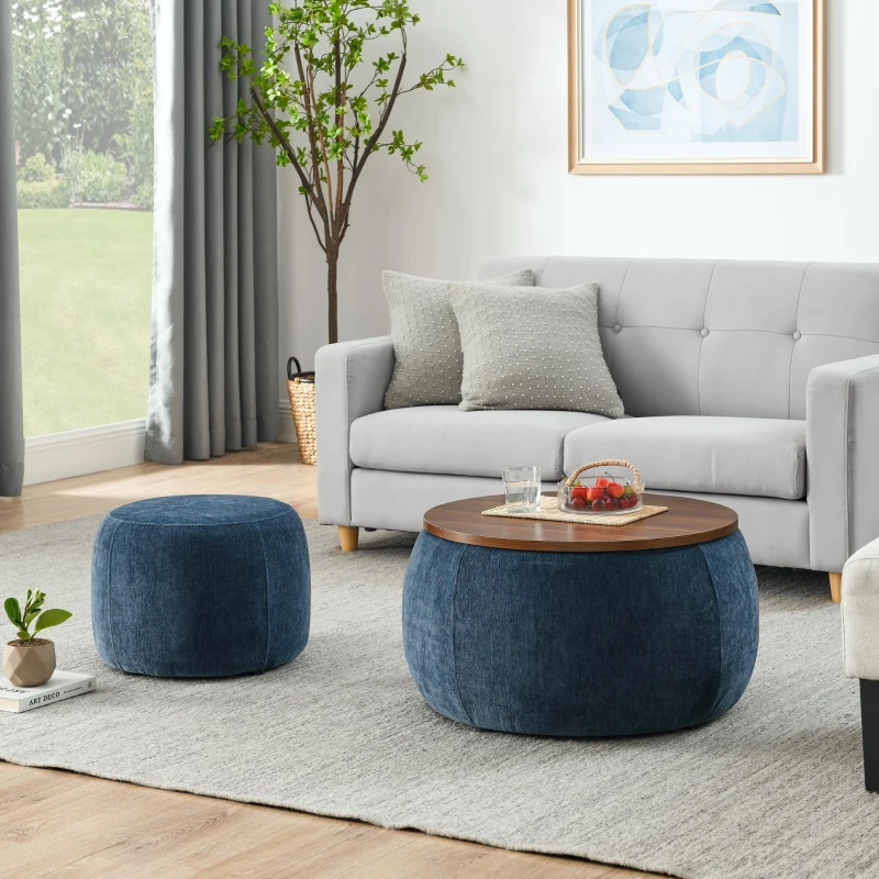 2-in-1 Round Storage Ottoman with Removable Top for Storage, End Table with Eucalyptus Wood Frame, 25" L x 25" W x 15" H, Dark Blue