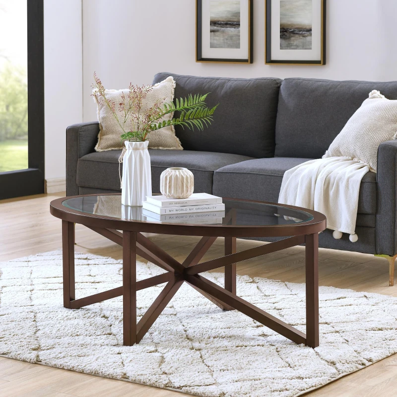 Modern Glass Coffee Table with Solid Wood Tripod Base, Anti-Scratch Curved Edges, Oval Desk for Living Room, 46.5" L x 28.5" W x 18" H, Cherry