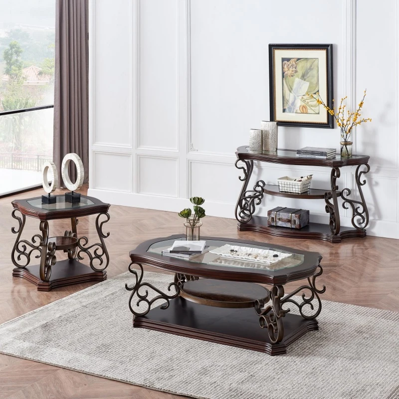 2-Tier Traditional End Table with Powder-Coated Metal Serpentine Legs, Sofa Table with Beveled Glass Top, 26.5" L x 26.5" W x 24" H, Brown