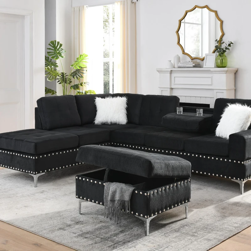 3-Seater Sectional Sofa with Reversible Chaise, Storage Ottoman and Metal Legs, Sofa Bed with Rivet Accents, 107.5" L x 80.5" W x 36" H, Black