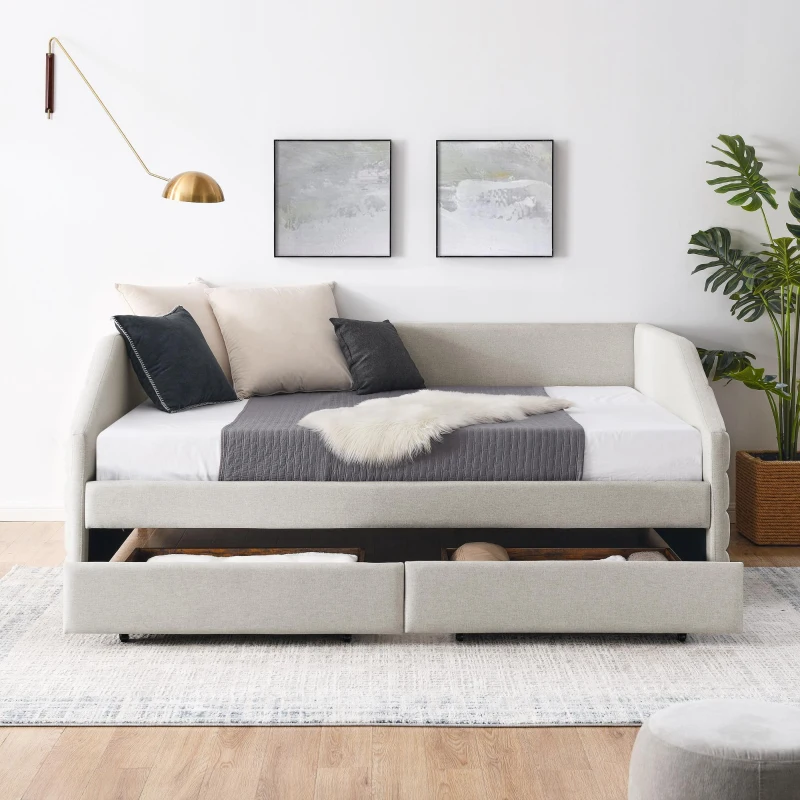Queen Size Upholstered Daybed with Trundle and Pull-Out Drawers, Sofa Bed with Solid MDF and Plywood Frame, 88" L x 64.5" W x 34" H, Beige