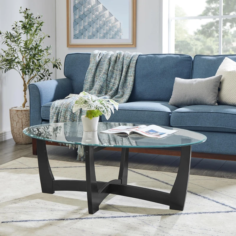 48" Oval Tempered Glass Coffee Table with Tempered Glass Top, Easy-Clean Surface, Center Table for Living Room, 48" L x 30" W x 18" H, Black