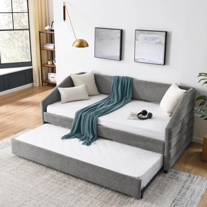 Twin Size Daybed with Pull-Out Trundle and Wingback Arms, Sofa Bed with Diamond-Tufted Backrest, 82.5" L x 42.5" W x 34" H, Grey