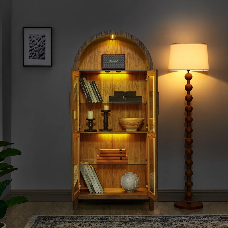Arched Top Storage Cabinet with LED Light Strip, Adjustable Glass Shelves, Modern Bookcase for Living Room, 30" L x 15.5" W x 67" H, Brown