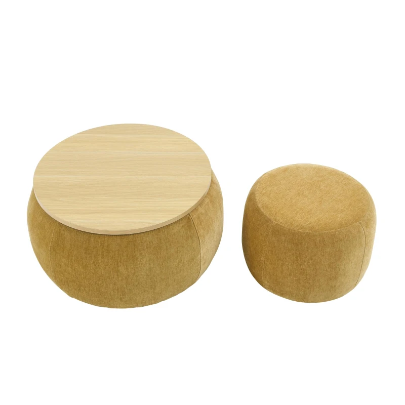 2-in-1 Round Storage Ottoman with Removable Top for Storage, End Table with Eucalyptus Wood Frame, 25" L x 25" W x 15" H, Dark Yellow