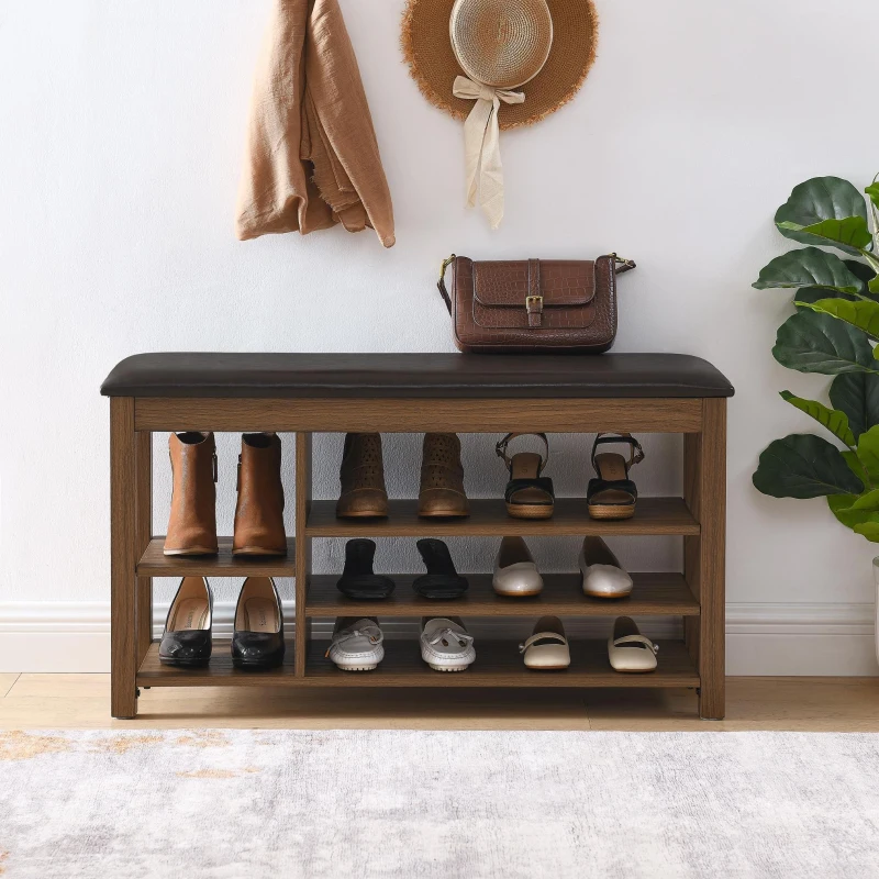 Height-Adjustable Long Shoe Bench with Lift-Up Concealed Storage, Durable Stool with Ventilated Compartments, 39.5" L x 12" W x 22" H, Brown