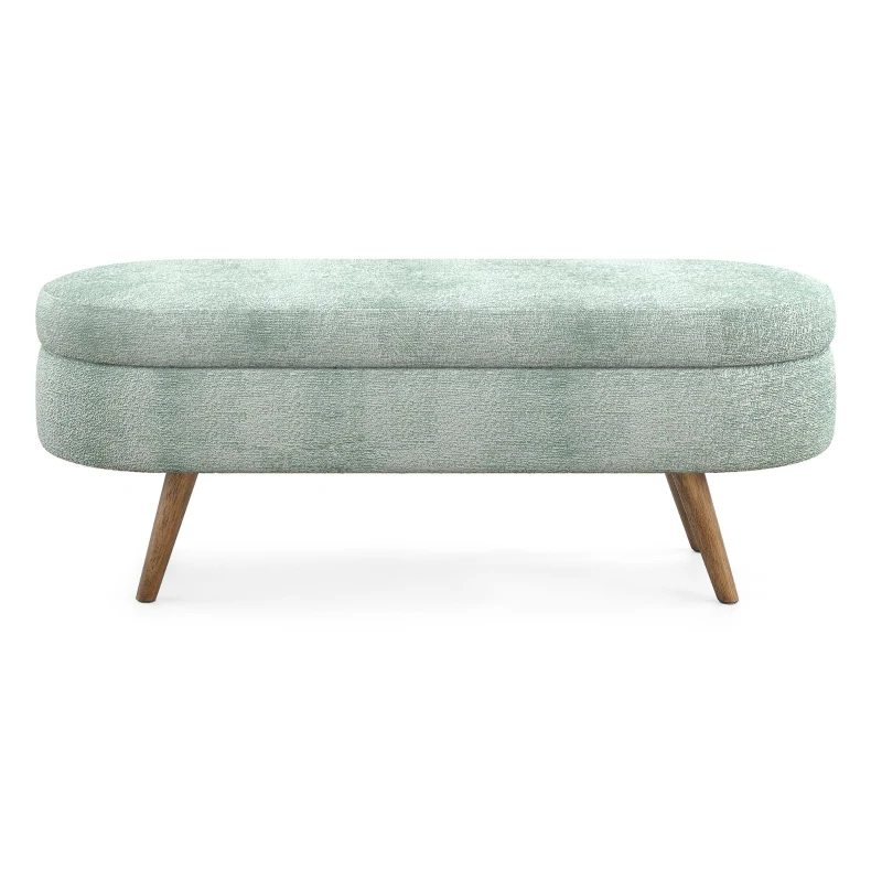 Oval Storage Ottoman Bench with Foam Cushion and Sturdy Rubberwood Legs, Multi-Use Footstool for Bedroom, 43.5" L x 16" W x 16" H, Cyan