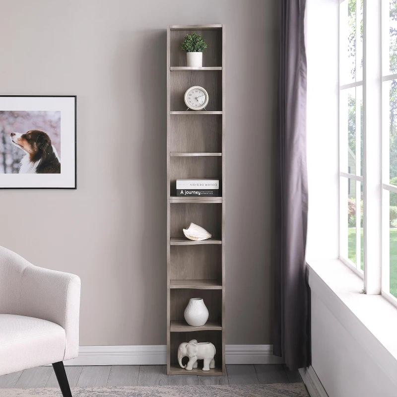8-Tier Adjustable Slim Bookshelf with Adjustable Shelves, Anti-Tip Hardware, Detachable Cabinets for Living Room, 11.5" L x 9.5" W x 71" H, Gray