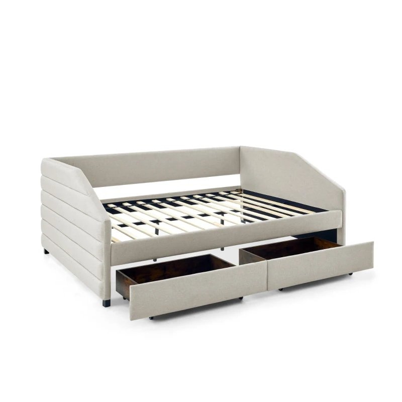 Queen Size Upholstered Daybed with Trundle and Pull-Out Drawers, Sofa Bed with Solid MDF and Plywood Frame, 88" L x 64.5" W x 34" H, Beige