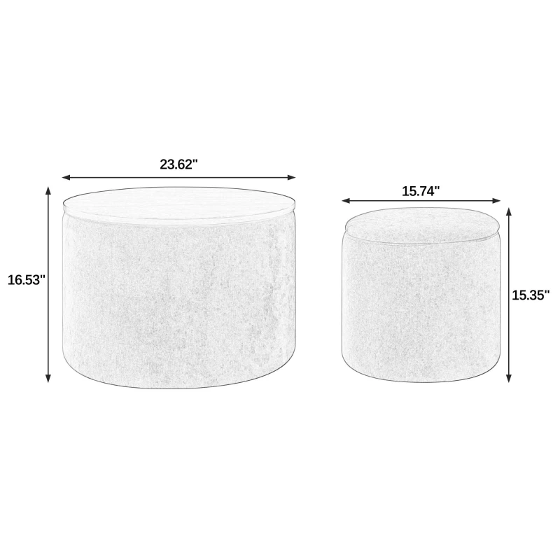 2-Piece Round Chenille Storage Ottoman Set with Hidden Storage, Seat with Drum-Shaped Small Stool, 23.5" L x 23.5" W x 16.5" H, Beige