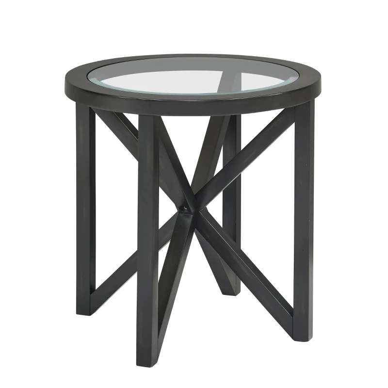 Modern Round Glass Coffee Table with Tempered Glass Top, Solid Poplar Wood Tripod Base, Desk for Living Room, 22" L x 22" W x 22" H, Black
