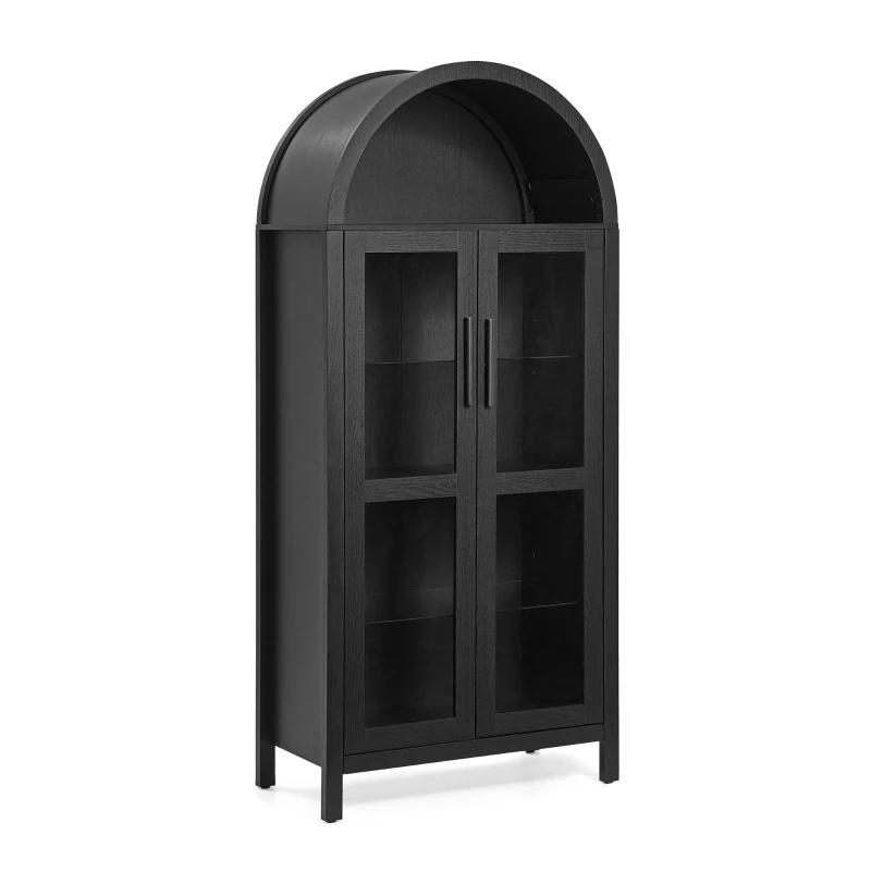 Arched Top Storage Cabinet with LED Light Strip, Adjustable Glass Shelves, Modern Bookcase for Living Room, 30" L x 15.5" W x 67" H, Black