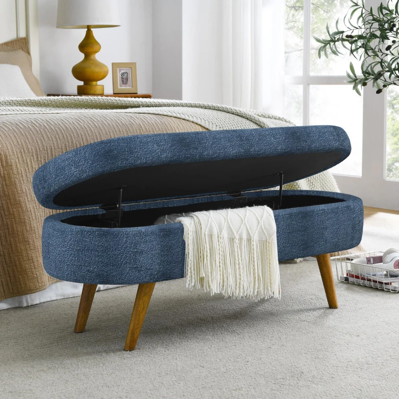 Oval Storage Ottoman Bench with Foam Cushion and Sturdy Rubberwood Legs, Multi-Use Footstool for Bedroom, 43.5" L x 16" W x 16" H, Dark Blue