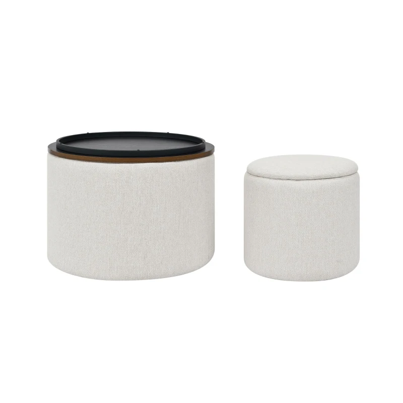 2-Piece Round Chenille Storage Ottoman Set with Hidden Storage, Seat with Drum-Shaped Small Stool, 23.5" L x 23.5" W x 16.5" H, Beige