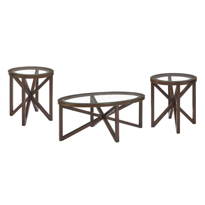 Modern Round Glass Coffee Table with Tempered Glass Top, Solid Poplar Wood Tripod Base, Desk for Living Room, 22" L x 22" W x 22" H, Cherry
