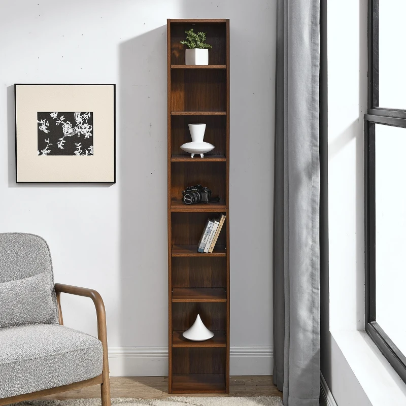 8-Tier Slim Media Tower Rack with Adjustable Shelves, Anti-Tip Hardware, Tall Narrow Bookcase for Compact Room, 11.5" L x 9.5" W x 71" H, Walnut