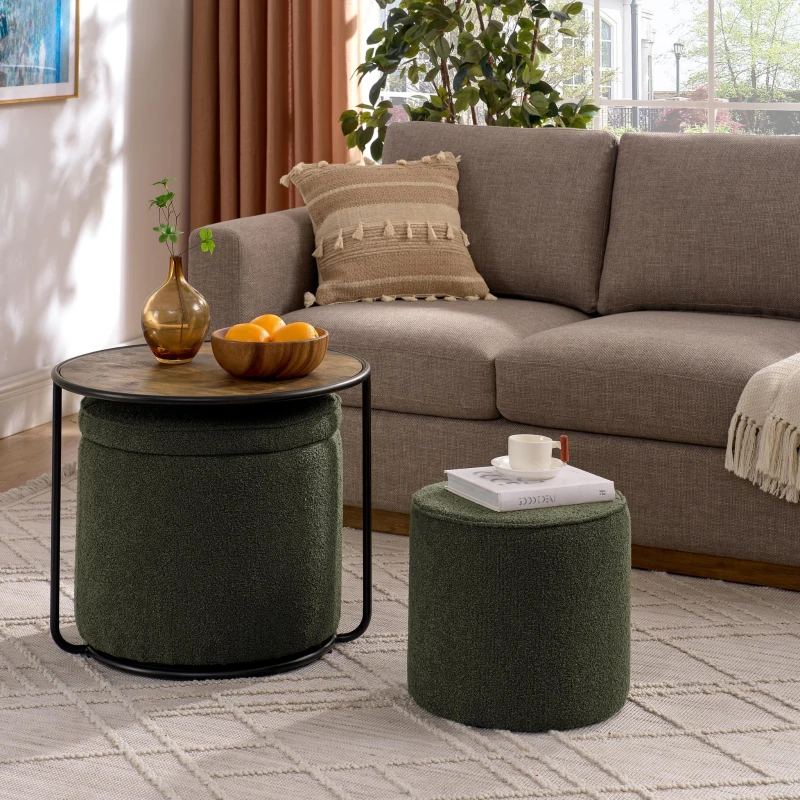 Ottoman Convertible Multi-Function Ottoman Table with Hidden Storage, Coffee Table Set for Living Room, 23.5" L x 23.5" W x 20" H, Dark Green