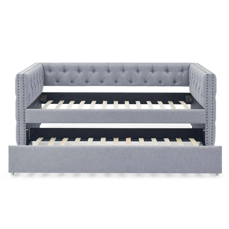 Upholstered Tufted Daybed with Button-Tufted Square Arms, Nailhead Trim, Sofa Bed with Pull-Out Trundle, 85" L x 42.5" W x 31.5" H, Grey