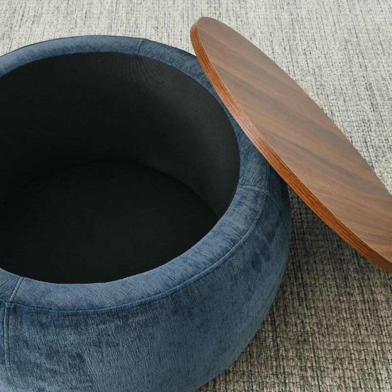 2-in-1 Round Storage Ottoman with Removable Top for Storage, End Table with Eucalyptus Wood Frame, 25" L x 25" W x 15" H, Dark Blue