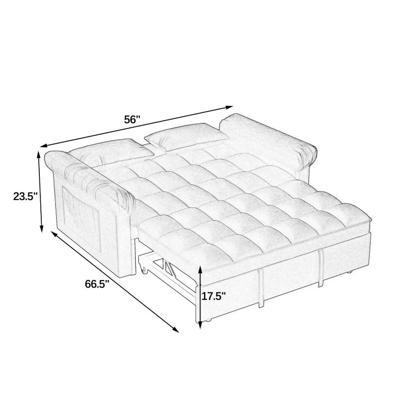 Flannel Loveseat Sofa Bed with Adjustable Back, Plastic Legs, Pull-Out Sleeper with High-Resilience Foam, 56" L x 34" W x 31.5" H, Grey