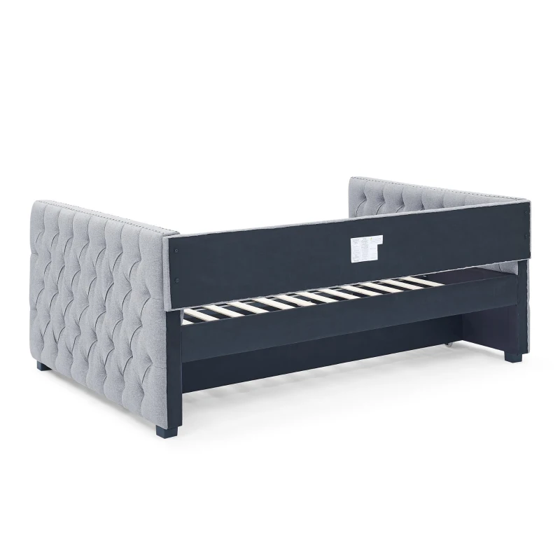 Upholstered Tufted Daybed with Button-Tufted Square Arms, Multi-Functional Sofa Bed with Pull-Out Twin Trundle, 85" L x 57" W x 31.5" H, Grey