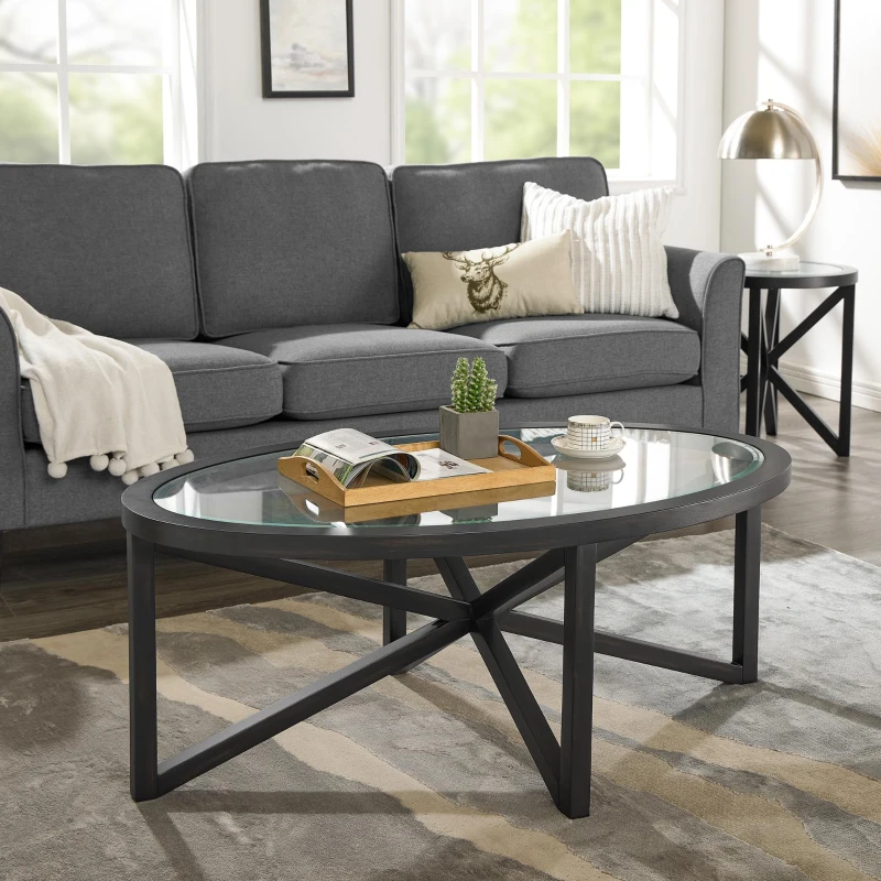 Modern Glass Coffee Table with Solid Wood Tripod Base, Anti-Scratch Curved Edges, Oval Desk for Living Room, 46.5" L x 28.5" W x 18" H, Black