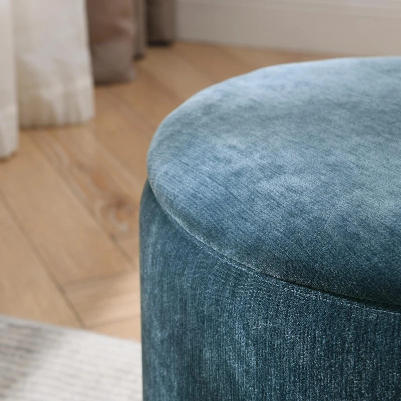 2-Piece Round Chenille Ottoman Set with Drum-Shaped Small Stool, Side Table with Hidden Storage, 23.5" L x 23.5" W x 16.5" H, Dark Blue