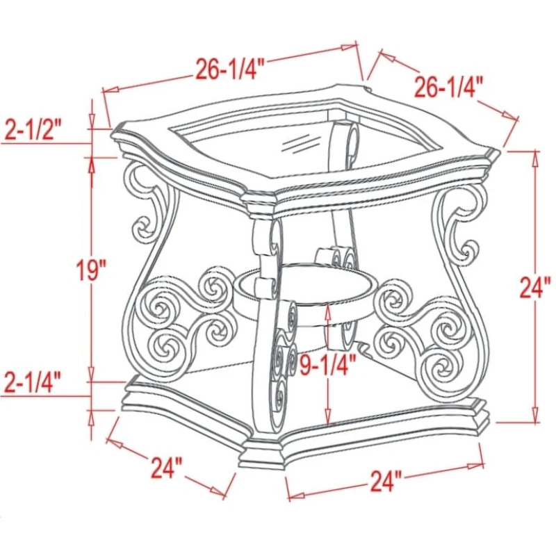 2-Tier Traditional End Table with Powder-Coated Metal Serpentine Legs, Sofa Table with Beveled Glass Top, 26.5" L x 26.5" W x 24" H, Brown