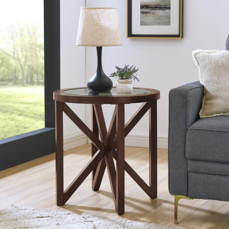 Modern Round Glass Coffee Table with Tempered Glass Top, Solid Poplar Wood Tripod Base, Desk for Living Room, 22" L x 22" W x 22" H, Cherry