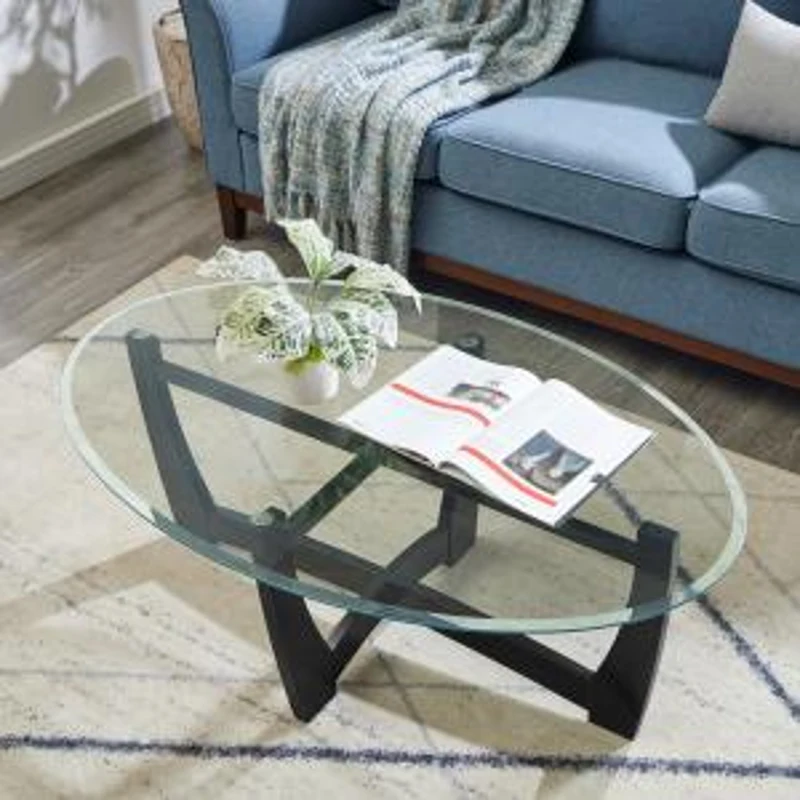 48" Oval Tempered Glass Coffee Table with Tempered Glass Top, Easy-Clean Surface, Center Table for Living Room, 48" L x 30" W x 18" H, Black