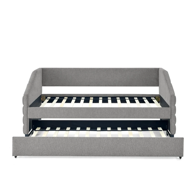 Twin Size Daybed with Pull-Out Trundle and Wingback Arms, Sofa Bed with Diamond-Tufted Backrest, 82.5" L x 42.5" W x 34" H, Grey