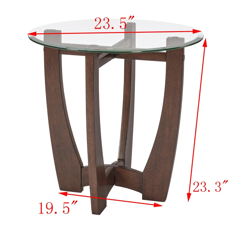 23.5" Round Tempered Coffee Table with Scratch-Resistant Glass Top, Solid Wood Frame with Quick Assembly, 23.5'' L x 23.5'' W x 23.5'' H, Cherry