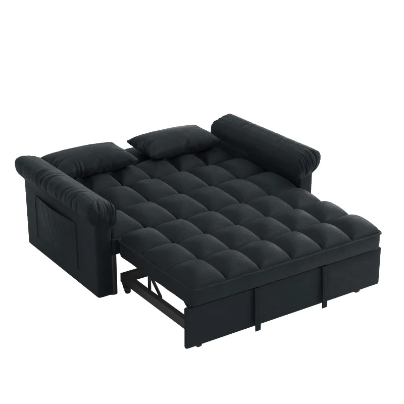 Flannel Loveseat Sofa Bed with Adjustable Back, Plastic Legs, Pull-Out Sleeper with High-Resilience Foam, 56" L x 34" W x 31.5" H, Black