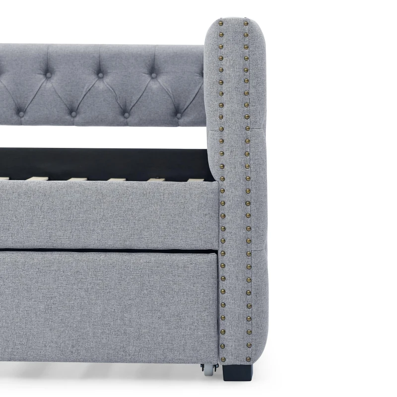Upholstered Tufted Daybed with Button-Tufted Square Arms, Multi-Functional Sofa Bed with Pull-Out Twin Trundle, 85" L x 57" W x 31.5" H, Grey