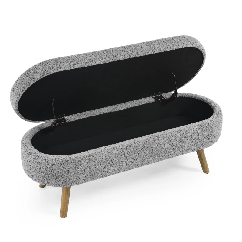 Oval Storage Ottoman Bench with Foam Cushion and Sturdy Rubberwood Legs, Multi-Use Footstool for Bedroom, 43.5" L x 16" W x 16" H, Grey