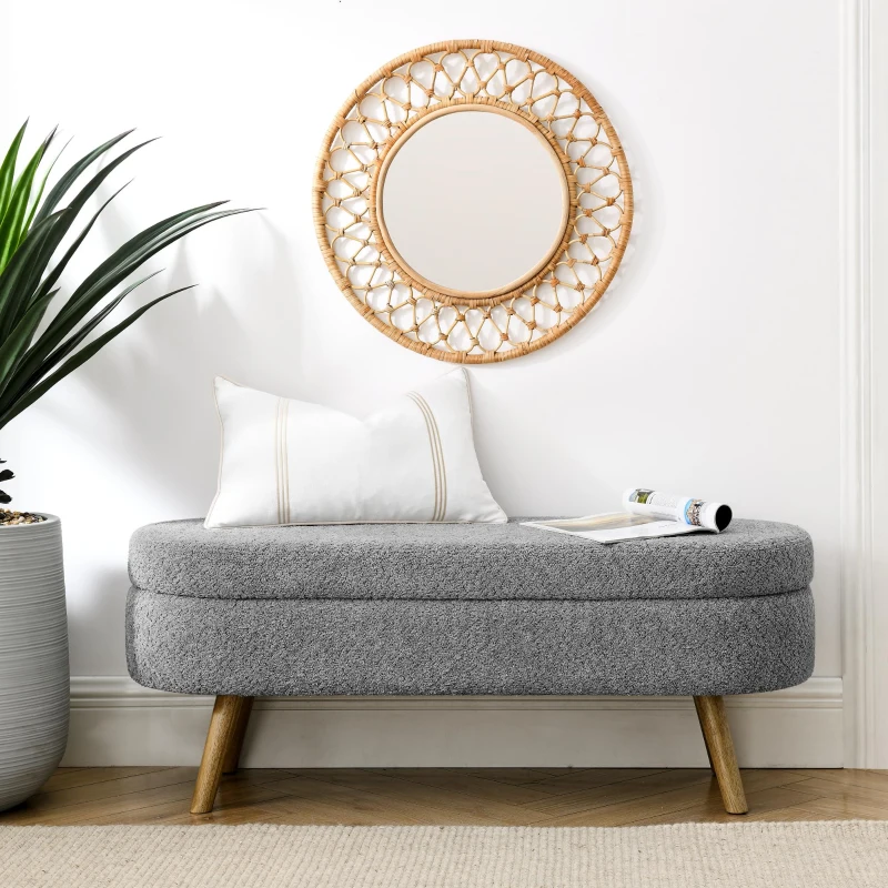 Oval Storage Ottoman Bench with Foam Cushion and Sturdy Rubberwood Legs, Multi-Use Footstool for Bedroom, 43.5" L x 16" W x 16" H, Grey