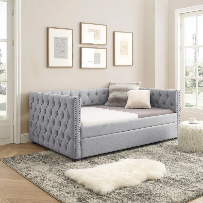 Upholstered Tufted Daybed with Button-Tufted Square Arms, Multi-Functional Sofa Bed with Pull-Out Twin Trundle, 85" L x 57" W x 31.5" H, Grey