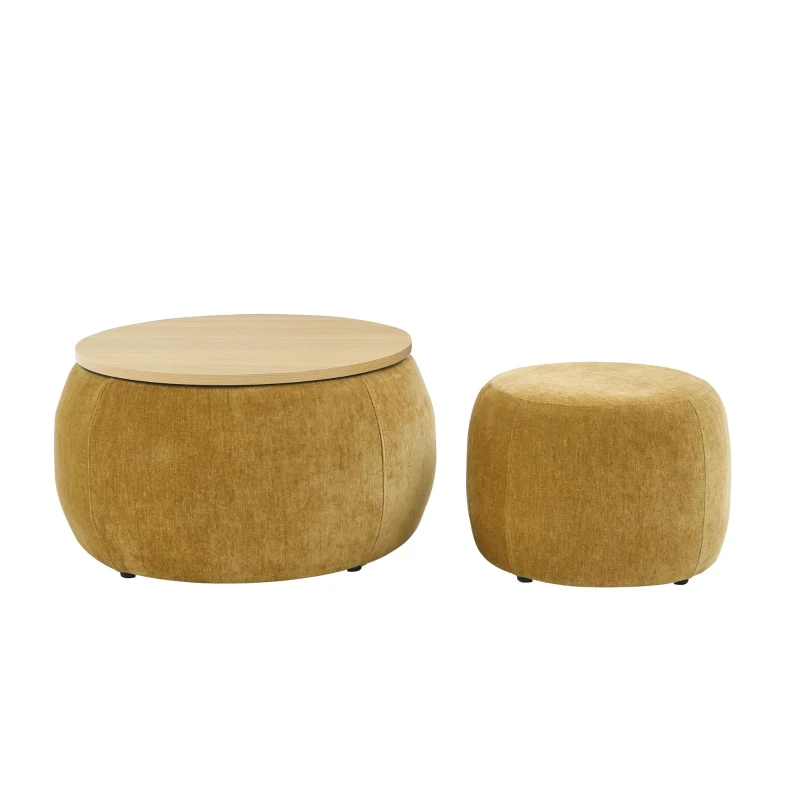 2-in-1 Round Storage Ottoman with Removable Top for Storage, End Table with Eucalyptus Wood Frame, 25" L x 25" W x 15" H, Dark Yellow
