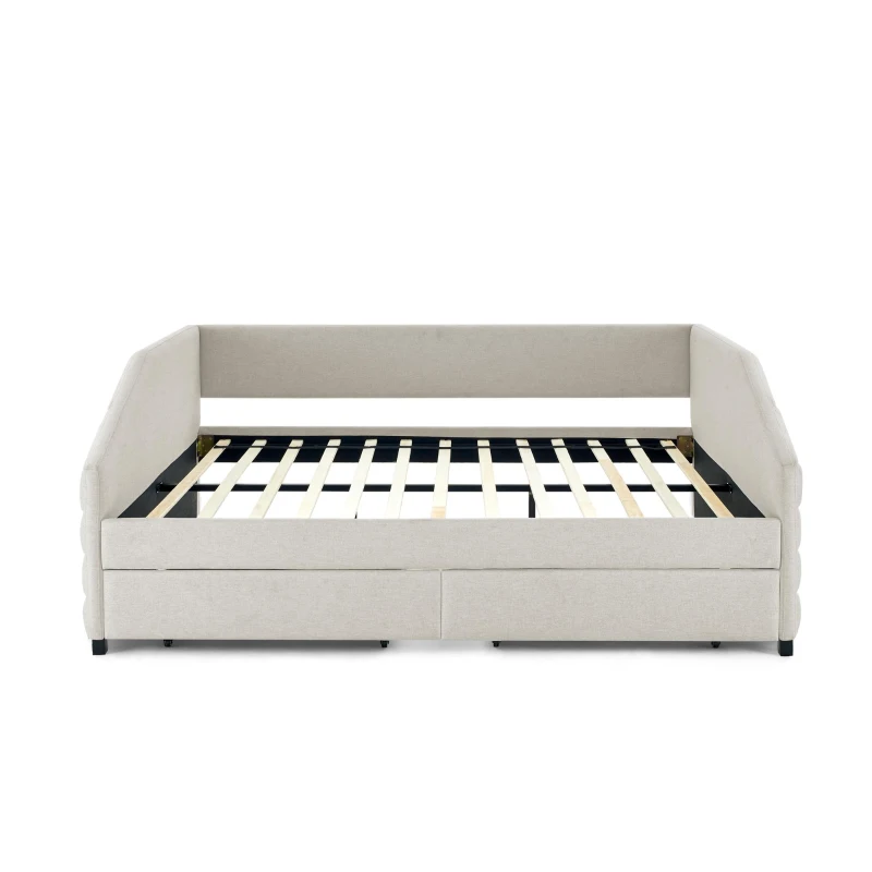 Queen Size Upholstered Daybed with Trundle and Pull-Out Drawers, Sofa Bed with Solid MDF and Plywood Frame, 88" L x 64.5" W x 34" H, Beige