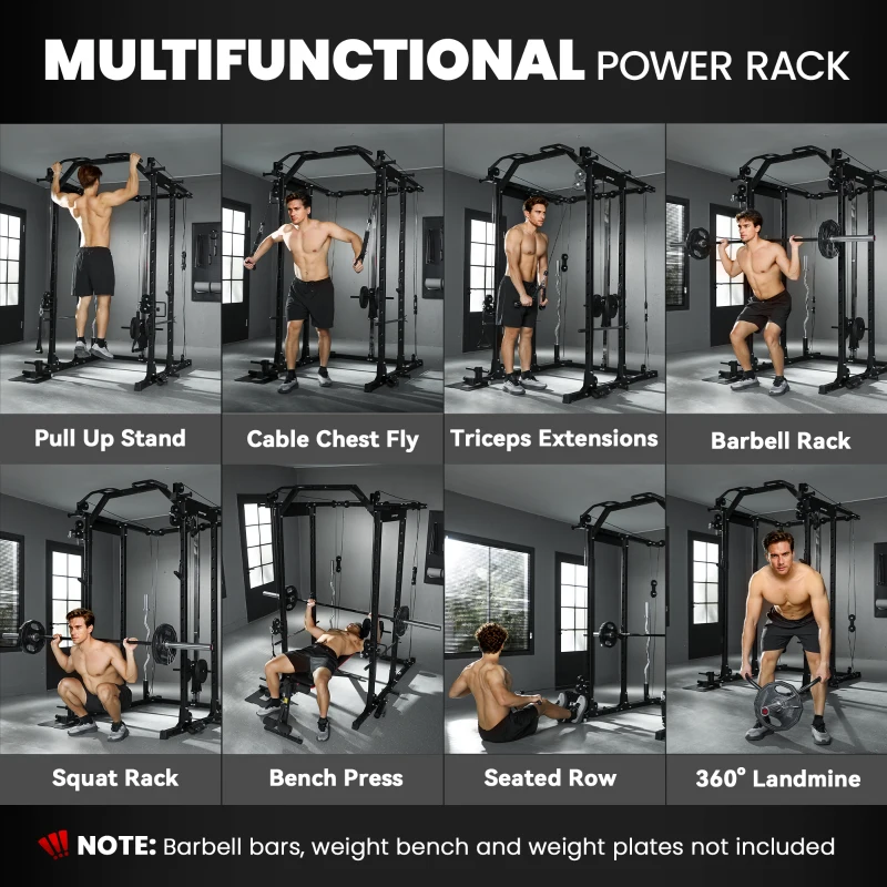 Soozier Multi-Functional Power Rack, Smith Machine Cable Crossover System with Pull Up Bar, Lat-Pull Down System, Landmine