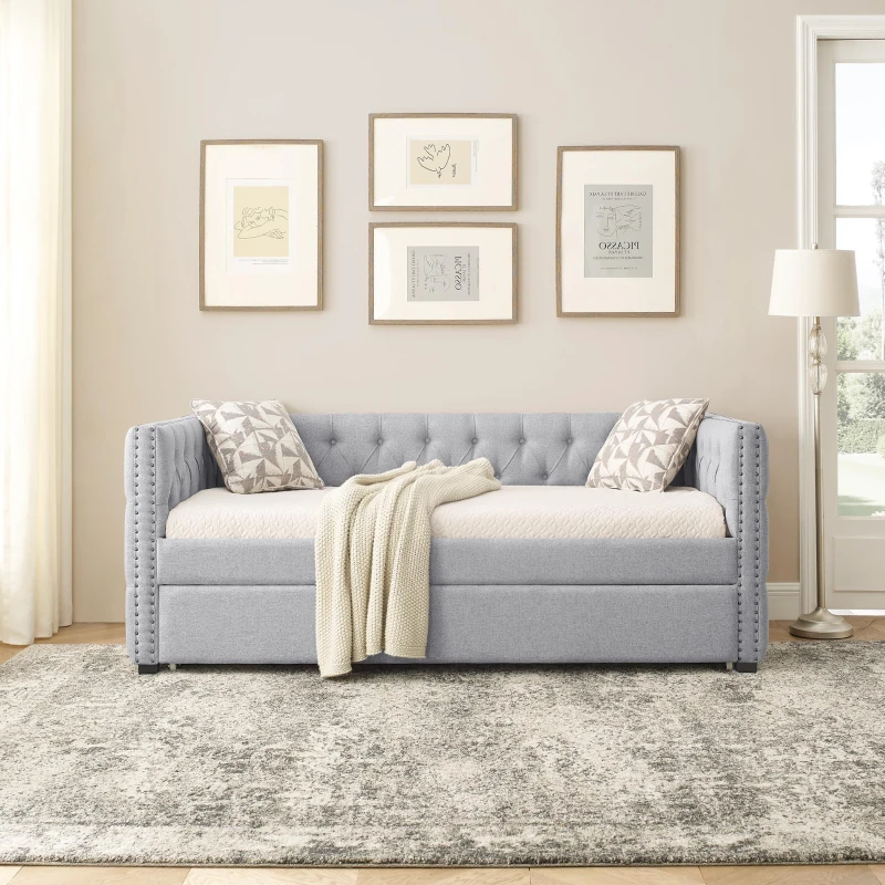 Upholstered Tufted Daybed with Button-Tufted Square Arms, Nailhead Trim, Sofa Bed with Pull-Out Trundle, 85" L x 42.5" W x 31.5" H, Grey