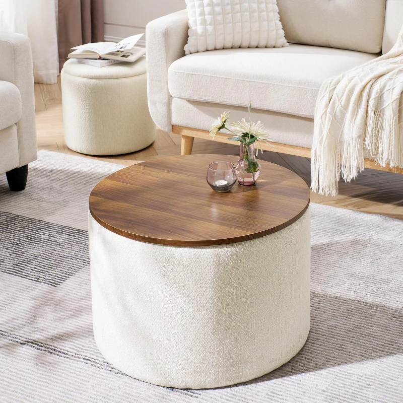 2-Piece Round Chenille Storage Ottoman Set with Hidden Storage, Seat with Drum-Shaped Small Stool, 23.5" L x 23.5" W x 16.5" H, Beige