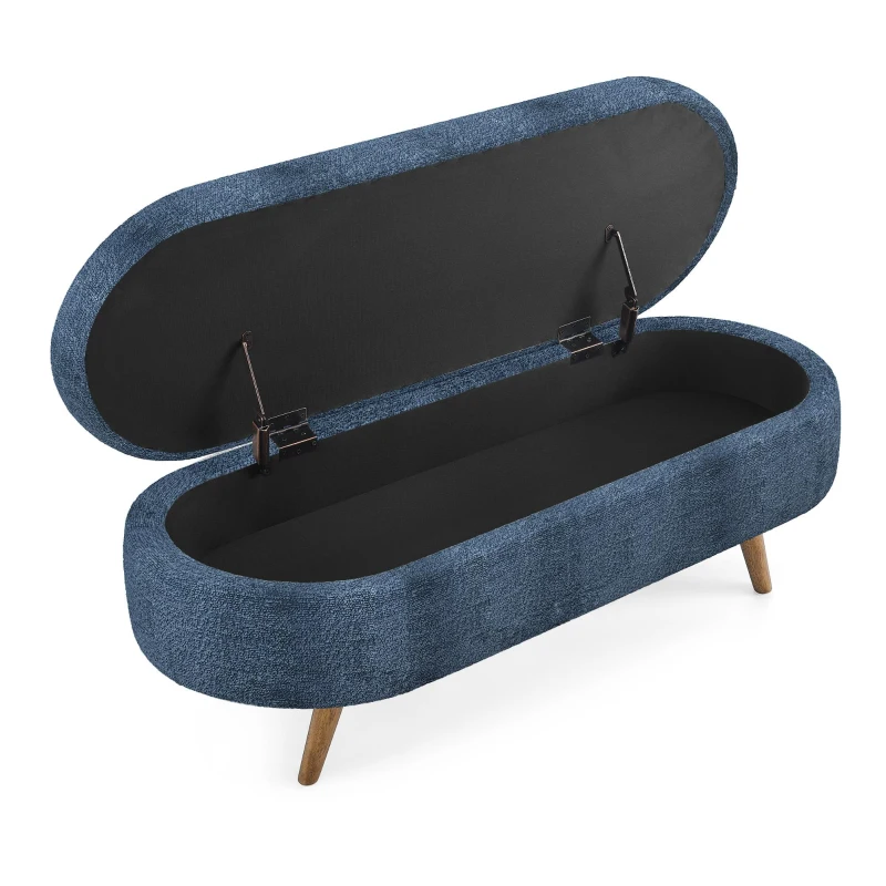 Oval Storage Ottoman Bench with Foam Cushion and Sturdy Rubberwood Legs, Multi-Use Footstool for Bedroom, 43.5" L x 16" W x 16" H, Dark Blue
