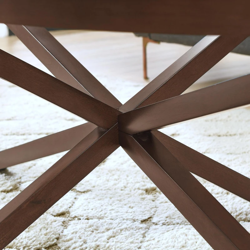 Modern Glass Coffee Table with Solid Wood Tripod Base, Anti-Scratch Curved Edges, Oval Desk for Living Room, 46.5" L x 28.5" W x 18" H, Cherry