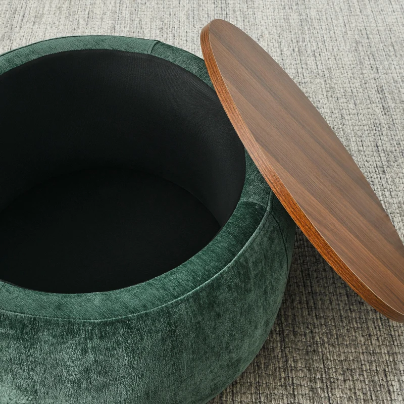 2-in-1 Round Storage Ottoman with Removable Top for Storage, End Table with Eucalyptus Wood Frame, 25" L x 25" W x 15" H, Green