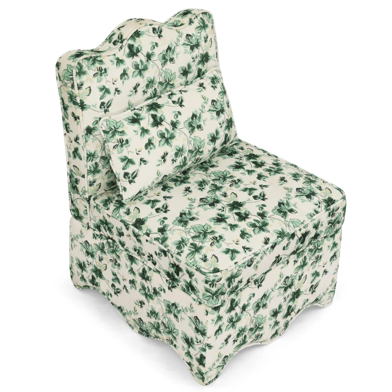 Flannel Single Dining Chair with Floral Pattern, Soft Padded Seat & Back, Armless Seat for Dining Room, 23.5" L x 26" W x 33.5" H, Green