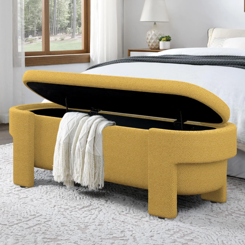 Linen Upholstered Storage Bench with High-Density Foam Cushion, Hidden Storage Ottoman with Turned Legs, 51.5" L x 20.5" W x 17" H, Yellow
