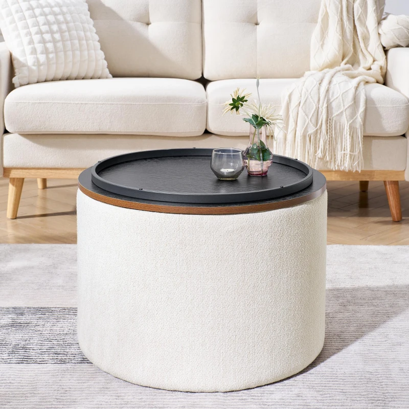 2-Piece Round Chenille Storage Ottoman Set with Hidden Storage, Seat with Drum-Shaped Small Stool, 23.5" L x 23.5" W x 16.5" H, Beige