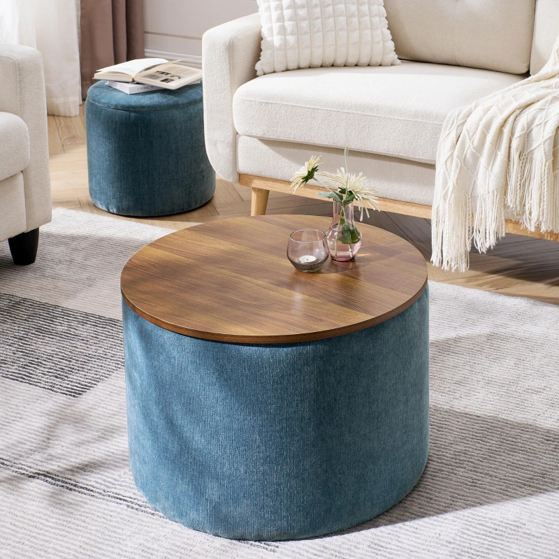 2-Piece Round Chenille Ottoman Set with Drum-Shaped Small Stool, Side Table with Hidden Storage, 23.5" L x 23.5" W x 16.5" H, Dark Blue