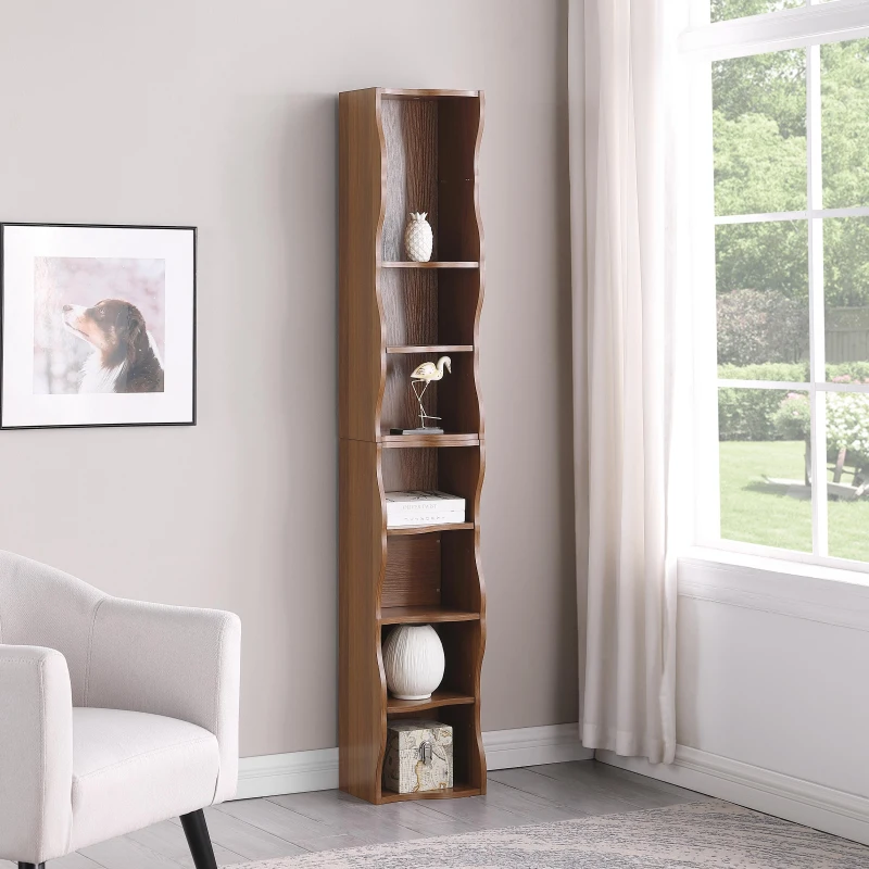 8-Tier Adjustable Slim Bookshelf with Adjustable Shelves, Anti-Tip Hardware, Detachable Cabinets for Living Room, 11.5" L x 9.5" W x 71" H, Walnut